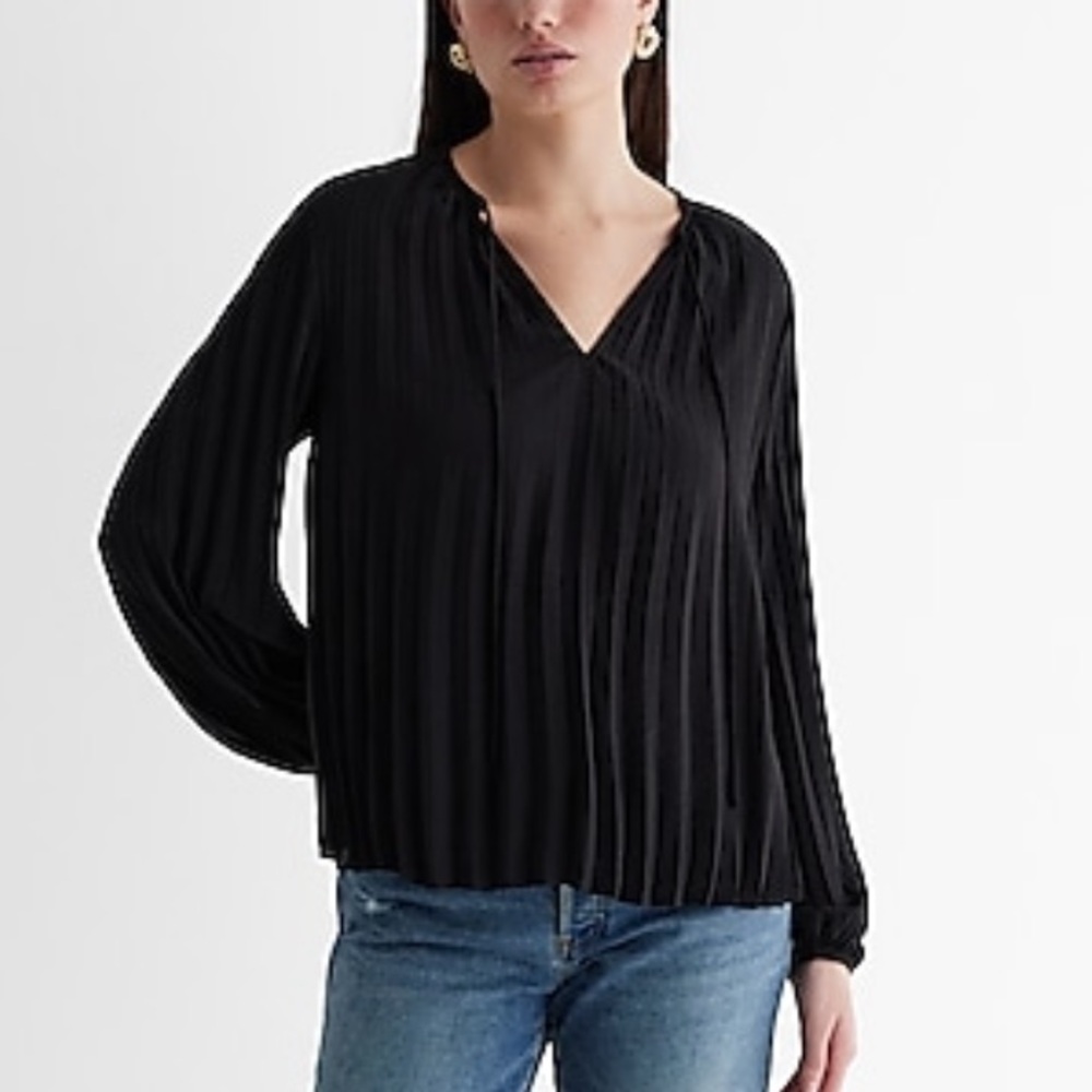 Express Pleated Tie Neck Balloon Sleeve Top